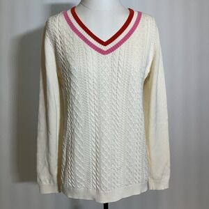 Talbots Ivory Pink Red Cable Knit Pointelle V-Neck Sweater Womens Size Small S